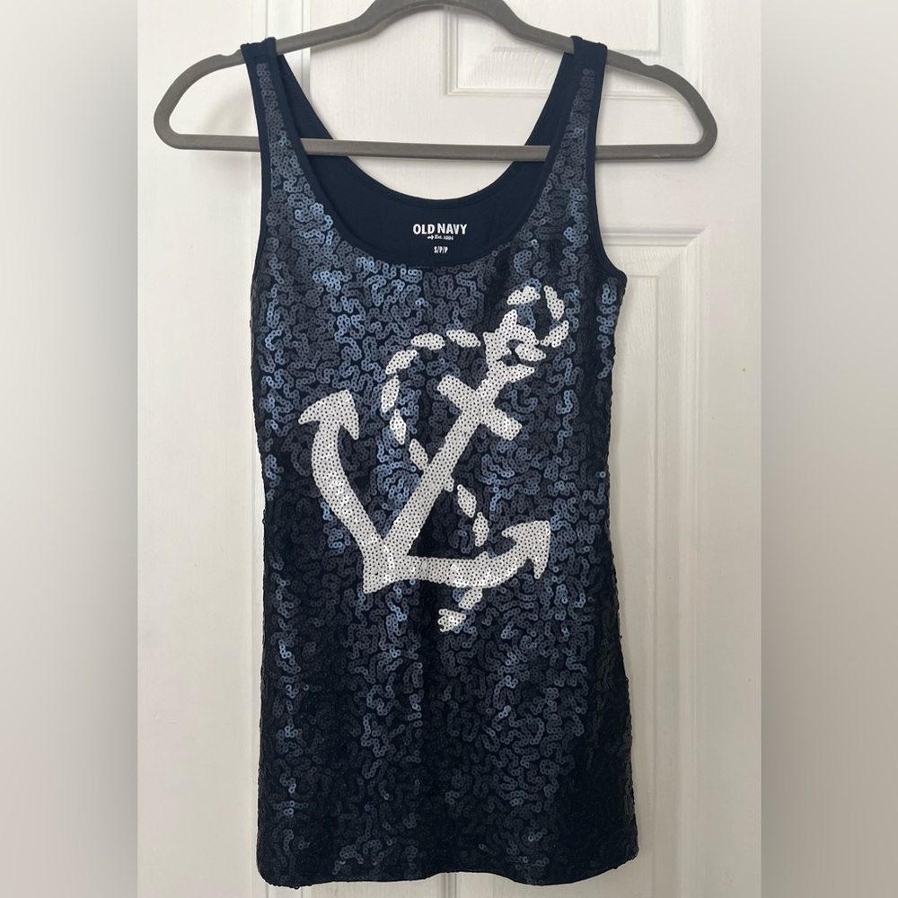 Old Navy Dark Blue Sequin Tank with White Anchor Sailor Beach Theme Small